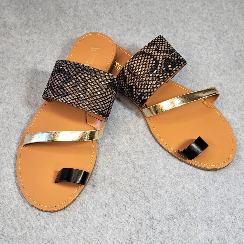 Pazzle Black/Gold Faux Snakeskin Single Strap Sandals